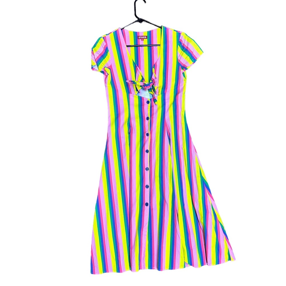 Staud | Alice Rainbow Striped Knotted Poplin Midi Dress, Sz 4